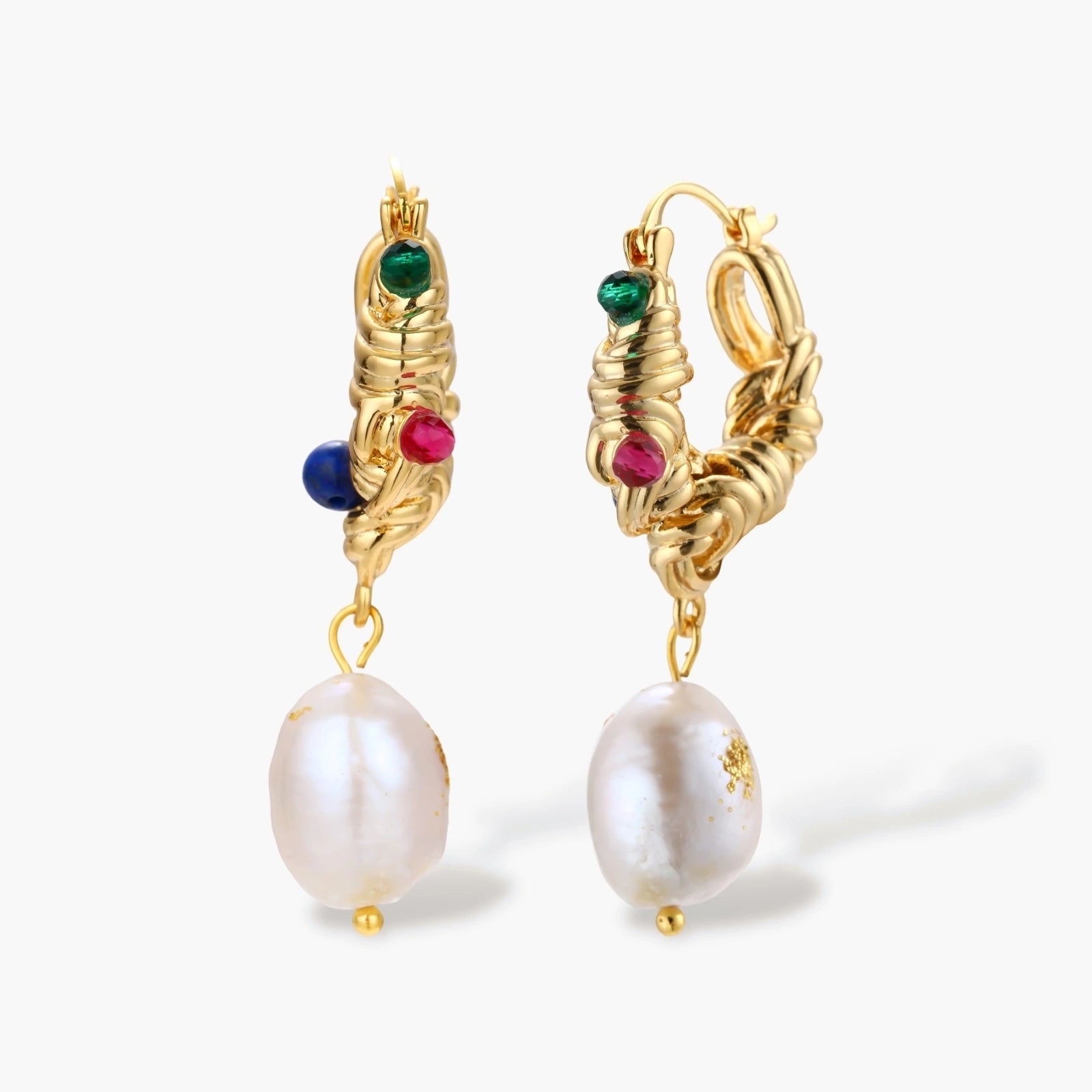 Ornate gold-plated hoop earrings with emerald, ruby, and sapphire accents, featuring dangling baroque freshwater pearls