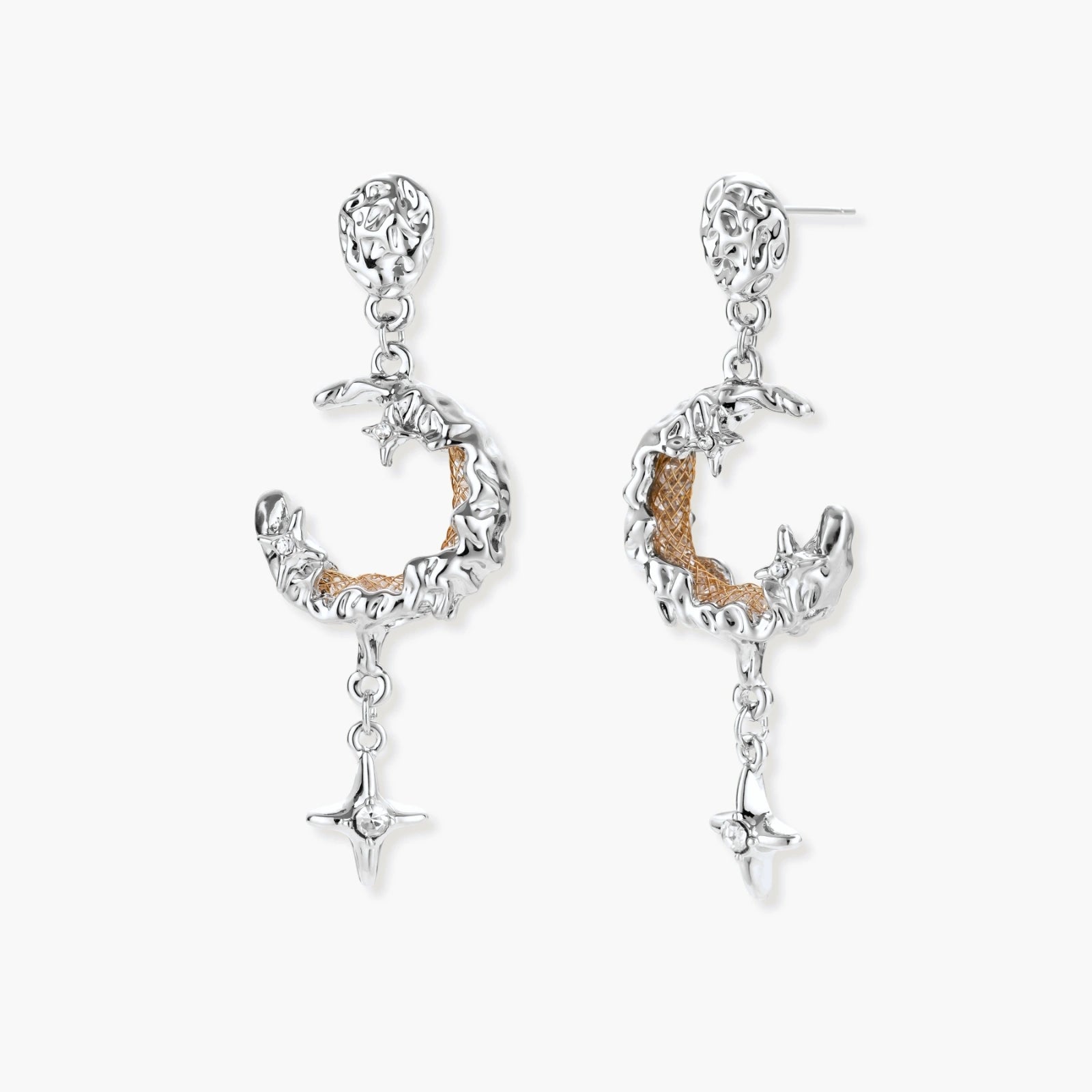 Detailed eco-brass dangle earrings featuring crescent moons with gold rope details and dangling star charms on white background.