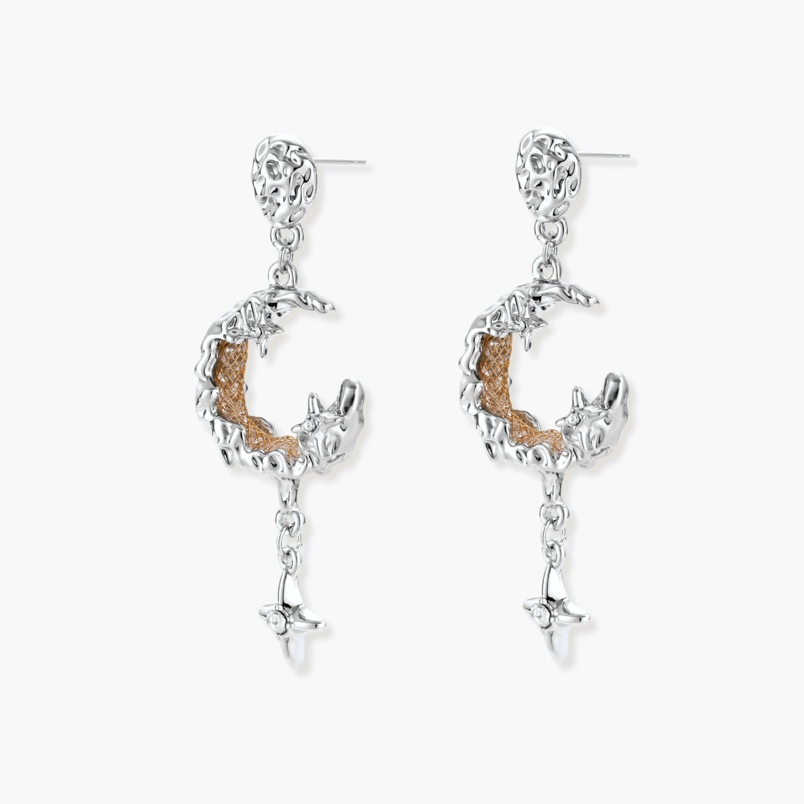 Detailed eco-brass dangle earrings featuring crescent moons with gold rope details and dangling star charms on white background.