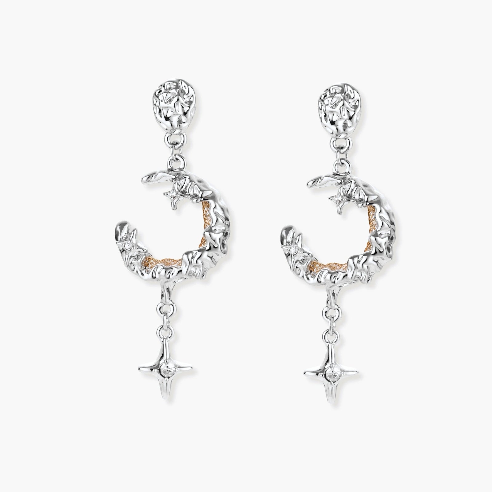 Detailed eco-brass dangle earrings featuring crescent moons with gold rope details and dangling star charms on white background.