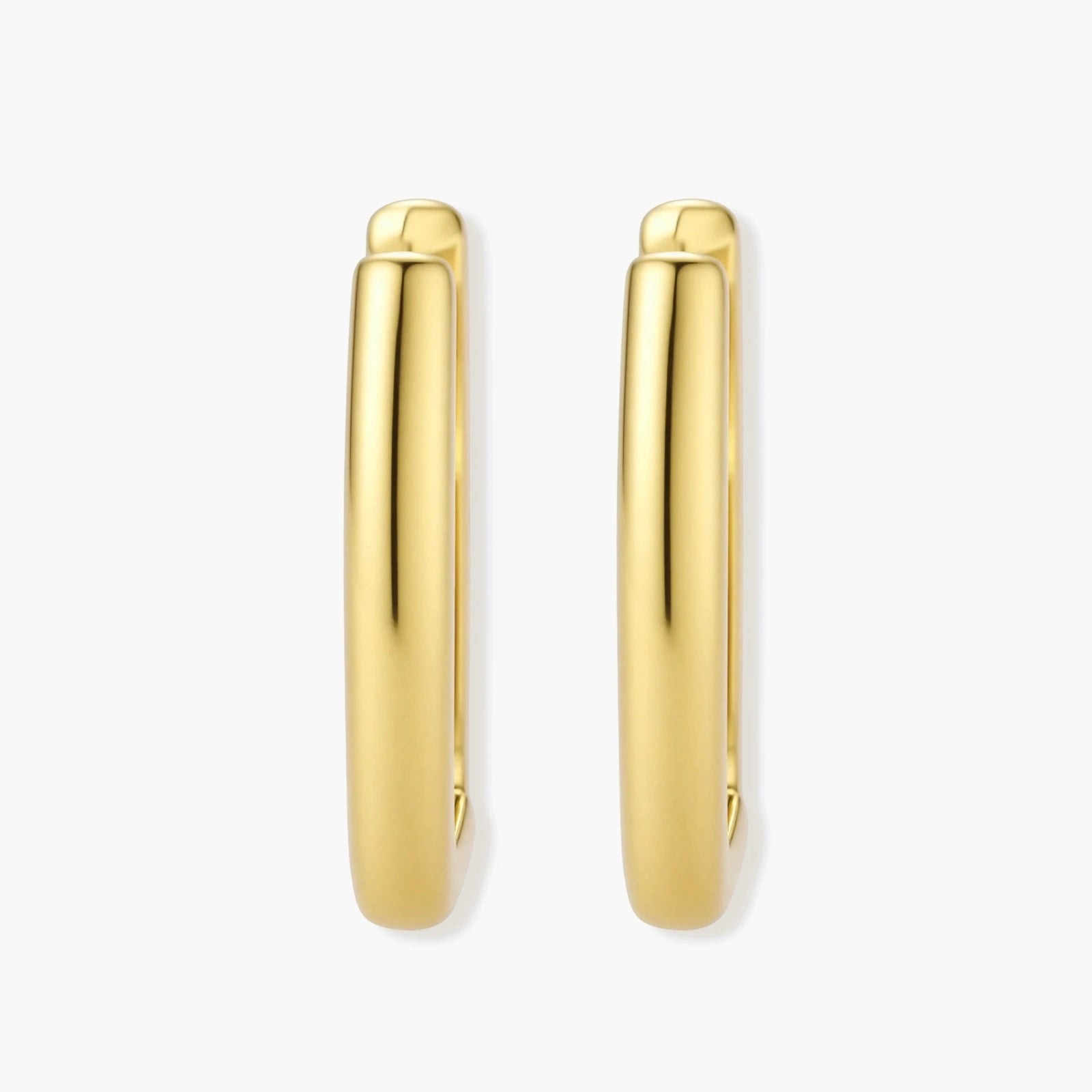 Polished gold-plated sterling silver hoop earrings with hinged closure mechanism on white background.