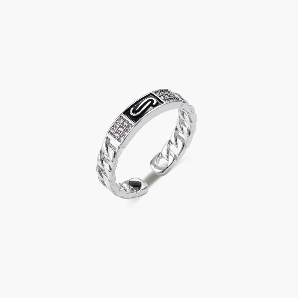 Two adjustable white gold plated rings with chain-link bands, featuring cubic zirconia halo and enamel details