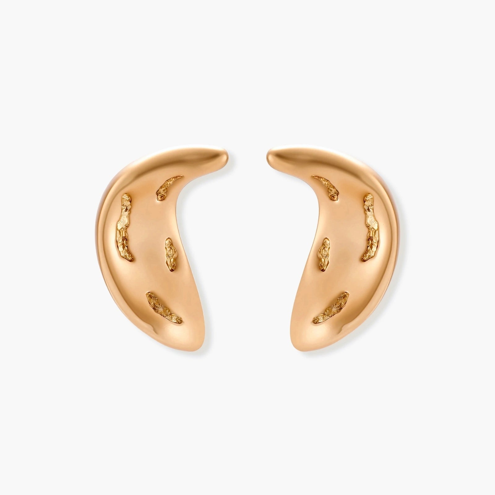 Gold-toned crescent moon pendant with textured surface on black adjustable cord, displayed with matching crescent earrings