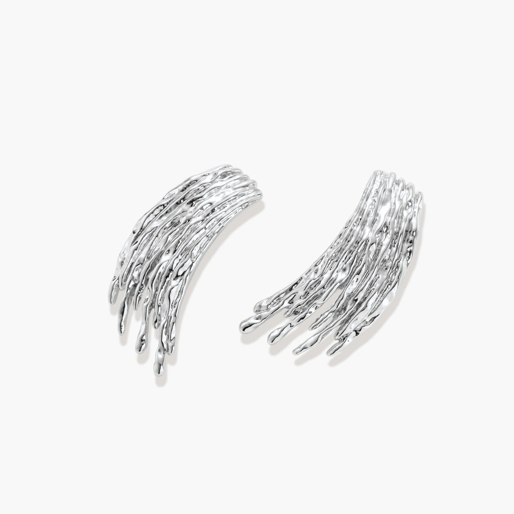 Silver-toned earrings with flowing liquid-like strands cascading downward, made from eco-zinc alloy with S925 posts