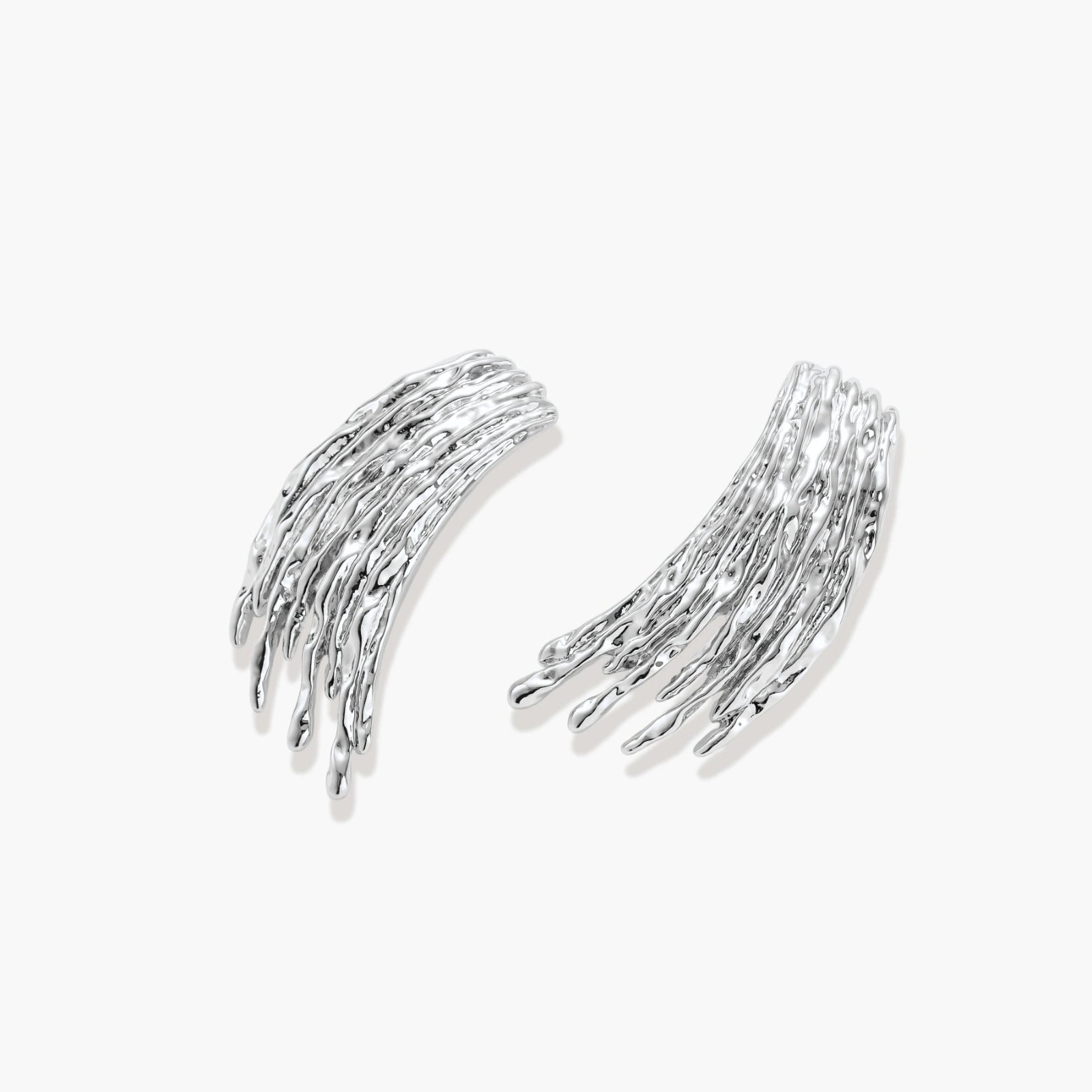 Silver-toned earrings with flowing liquid-like strands cascading downward, made from eco-zinc alloy with S925 posts