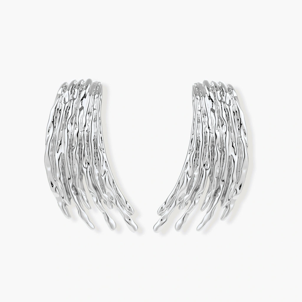Silver-toned earrings with flowing liquid-like strands cascading downward, made from eco-zinc alloy with S925 posts