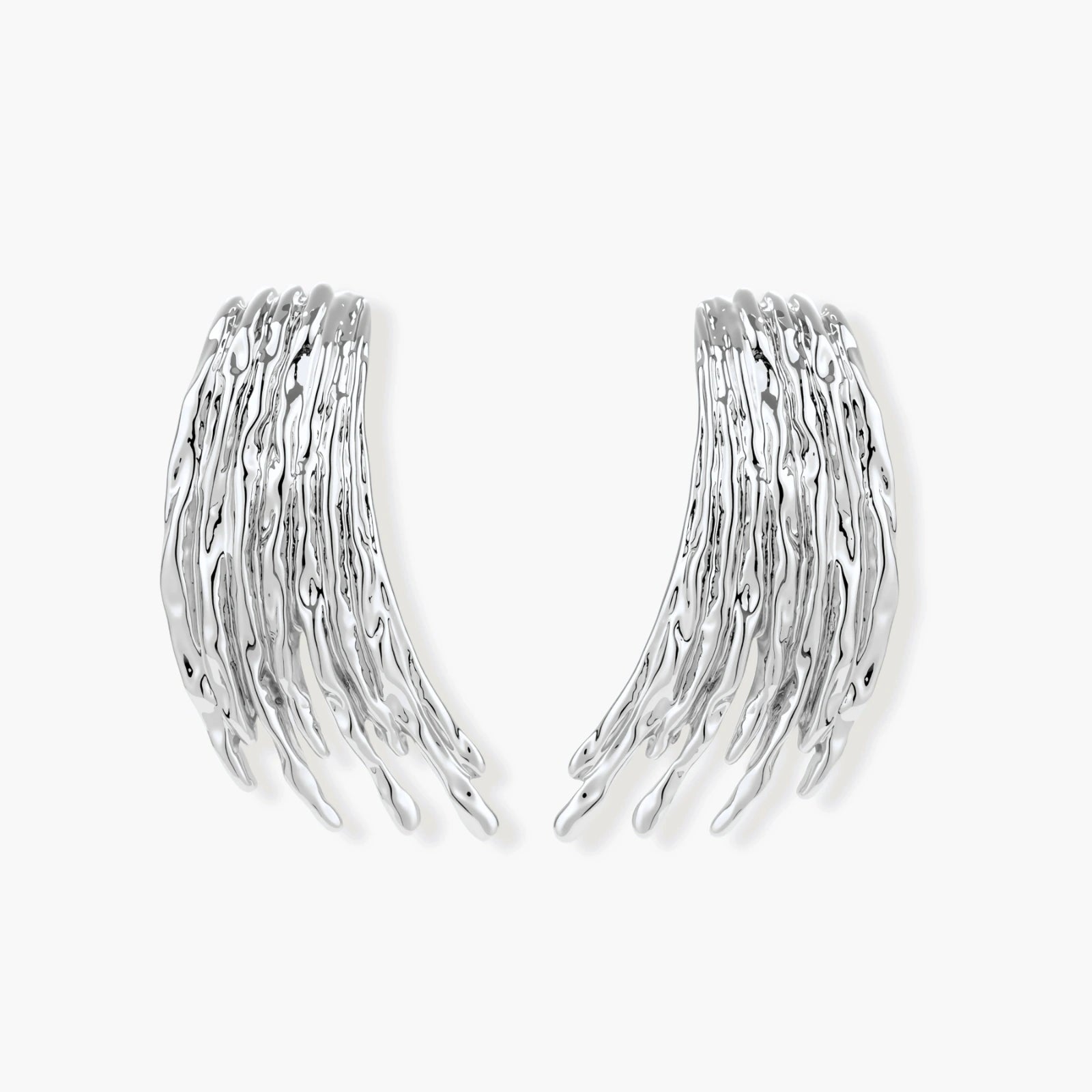 Silver-toned earrings with flowing liquid-like strands cascading downward, made from eco-zinc alloy with S925 posts