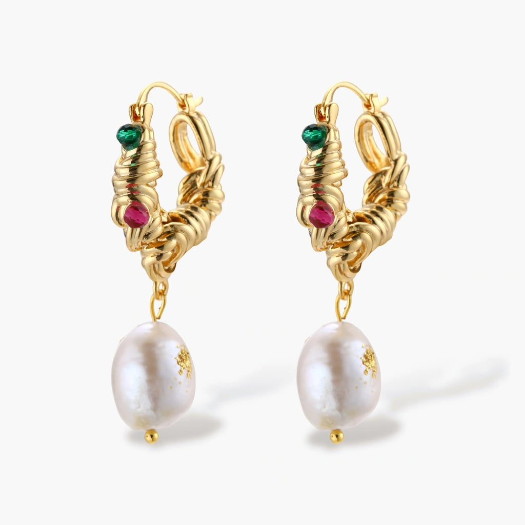 Ornate gold-plated hoop earrings with emerald, ruby, and sapphire accents, featuring dangling baroque freshwater pearls