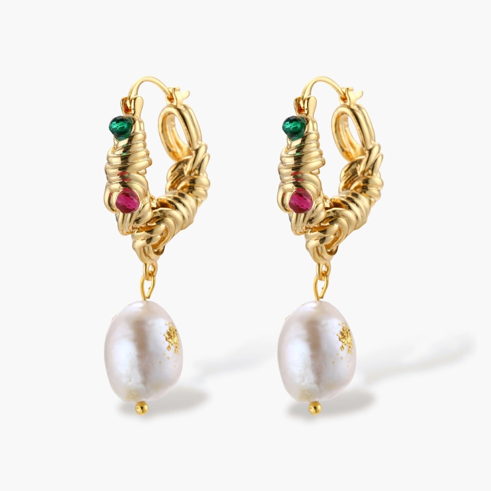 Ornate gold-plated hoop earrings with emerald, ruby, and sapphire accents, featuring dangling baroque freshwater pearls