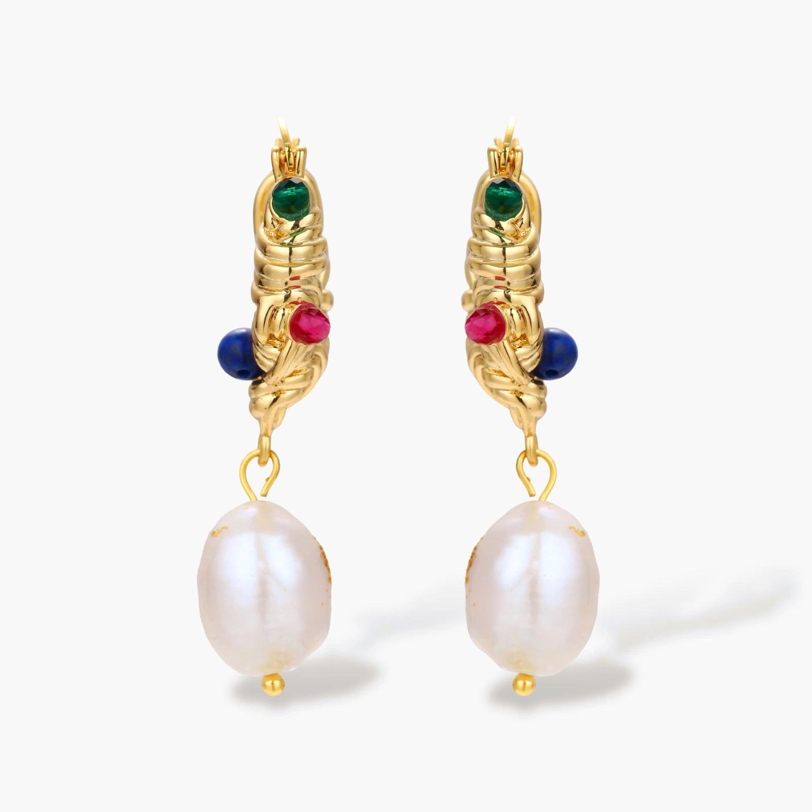 Ornate gold-plated hoop earrings with emerald, ruby, and sapphire accents, featuring dangling baroque freshwater pearls