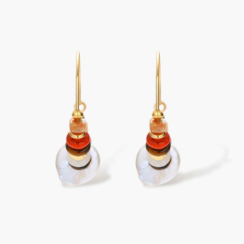 18k gold-plated earrings featuring baroque pearls and colorful natural stones in a stacked design on cream background.