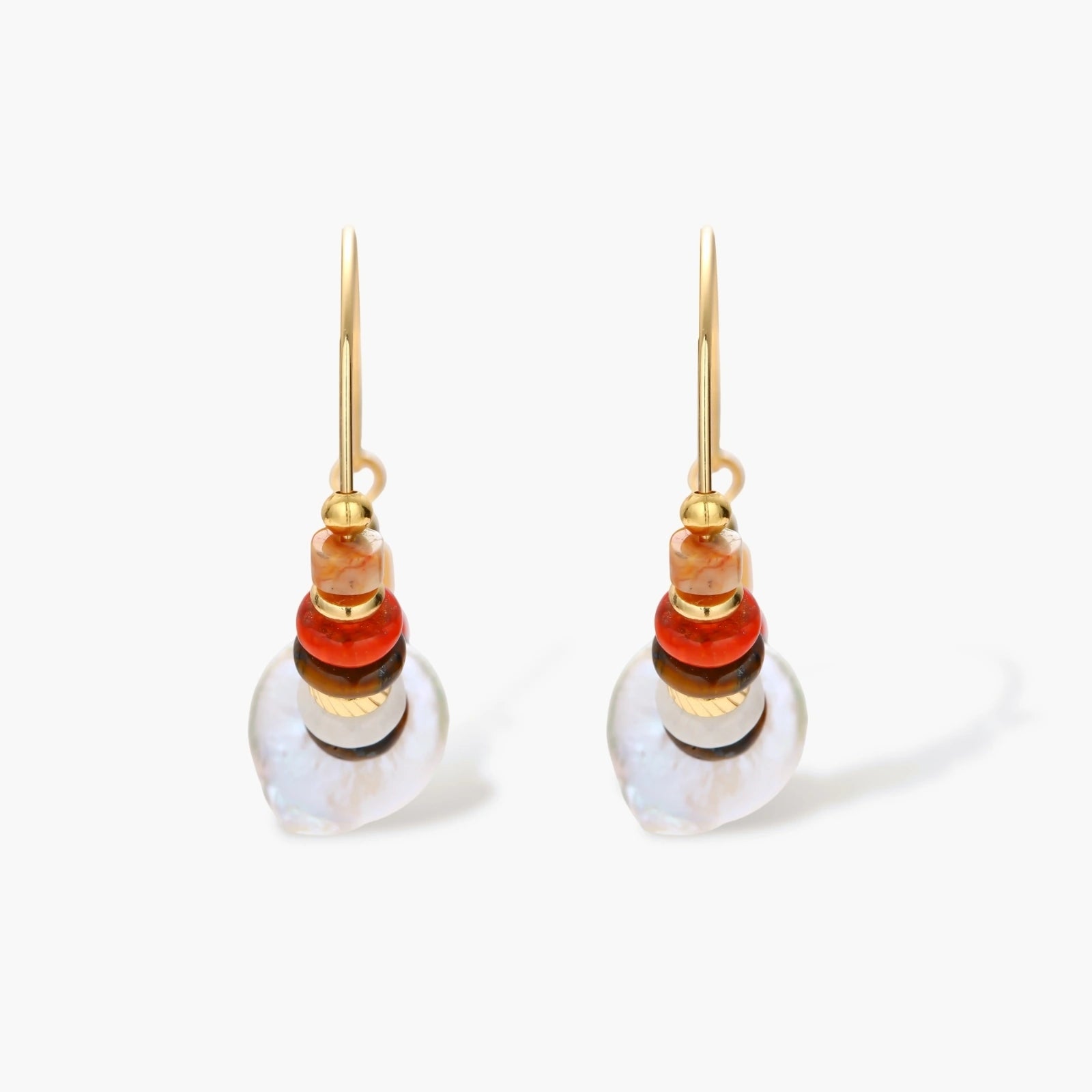 18k gold-plated earrings featuring baroque pearls and colorful natural stones in a stacked design on cream background.