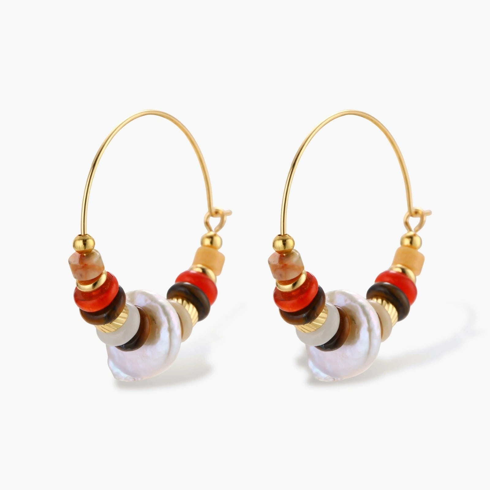 18k gold-plated earrings featuring baroque pearls and colorful natural stones in a stacked design on cream background.