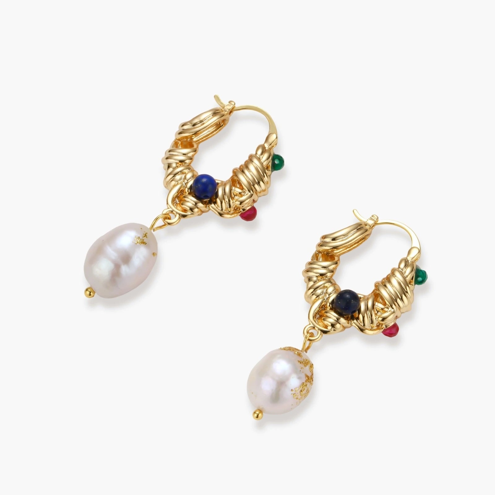 Ornate gold-plated hoop earrings with emerald, ruby, and sapphire accents, featuring dangling baroque freshwater pearls