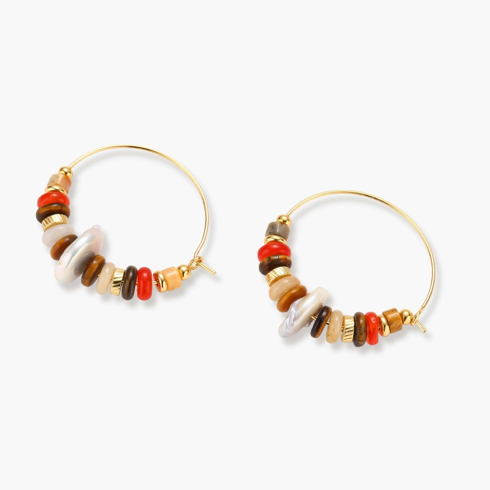 18k gold-plated earrings featuring baroque pearls and colorful natural stones in a stacked design on cream background.